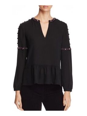 Tory Burch Black Beaded Peplum Long-Sleeve Blouse
